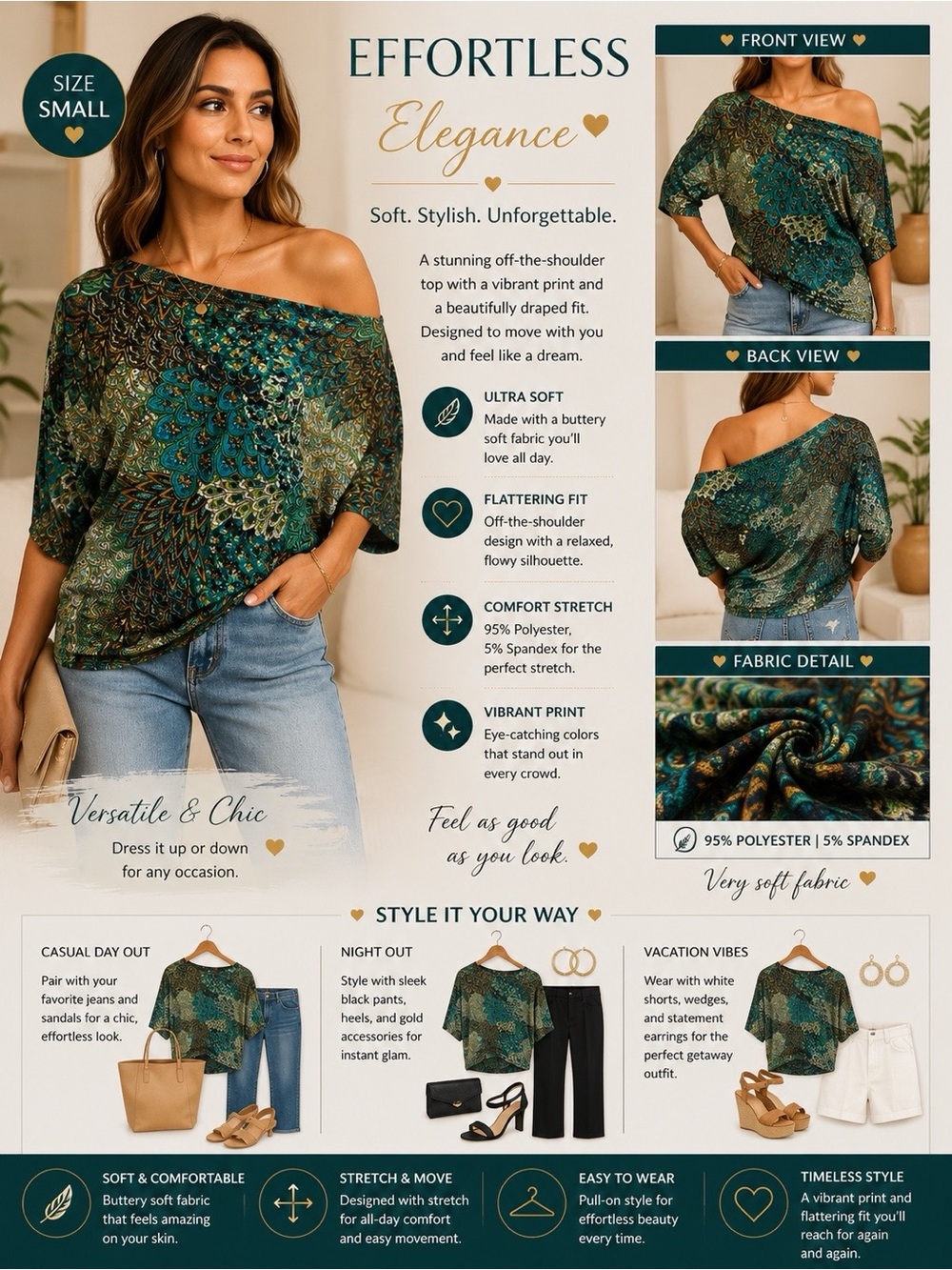 🦚Off-Shoulder Green Printed Women's Top - Effortless Elegance